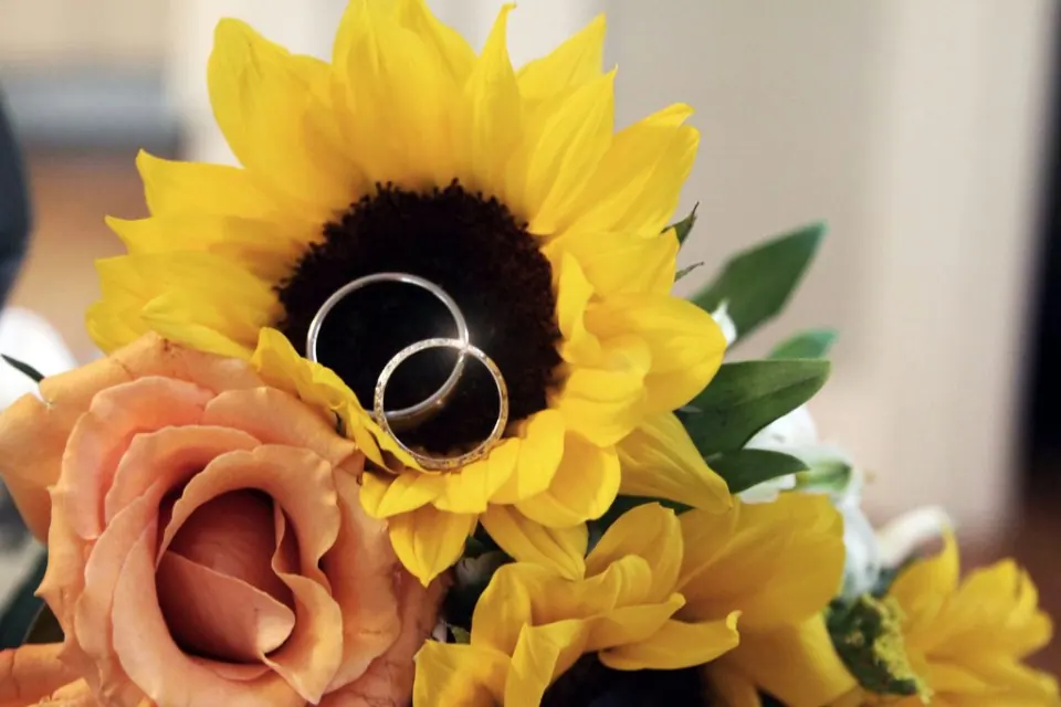 Alianzas de boda sobre un girasol y una rosa, detalle fotografiado en Málaga