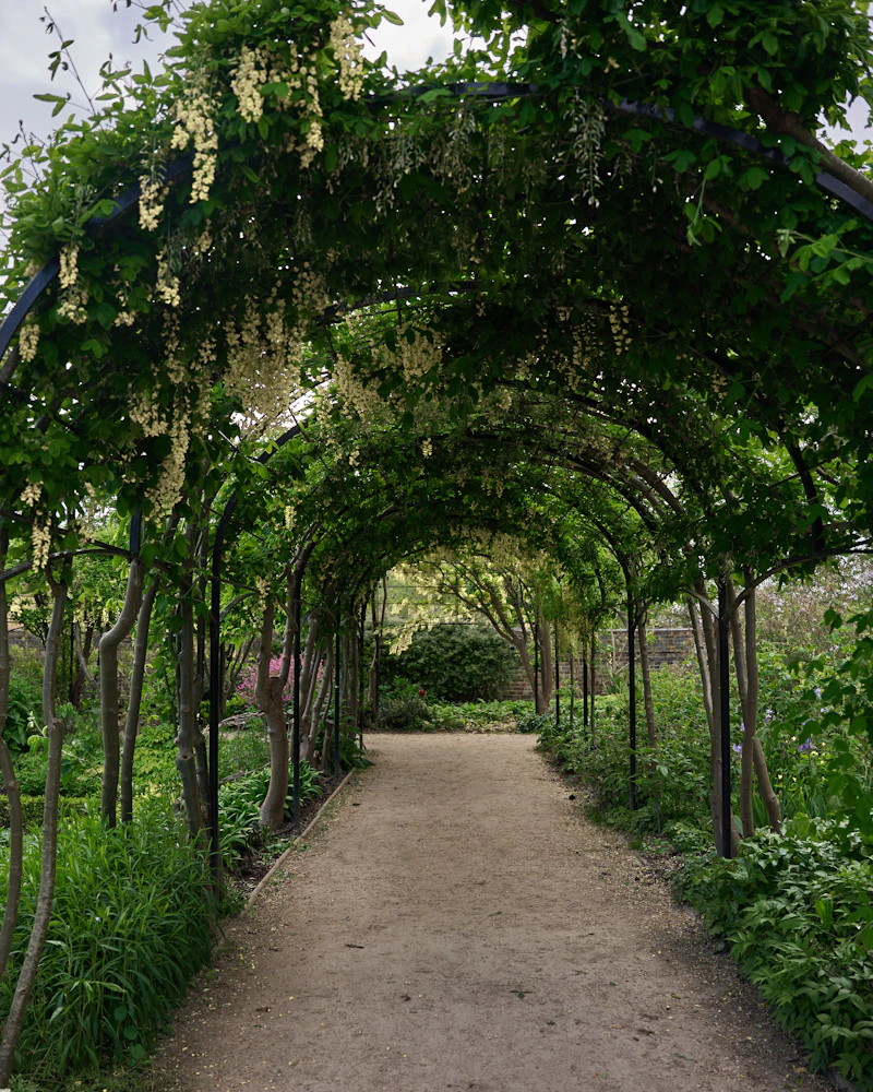 Flores blancas y lilas en jarrones, ambiente similar al Jardín Botánico La Concepción de Málaga para una sesión de comunión